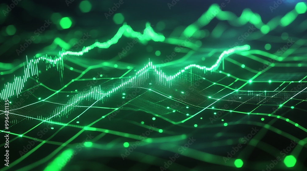 Poster dynamic green digital data visualization with fluctuating lines and dots representing financial anal