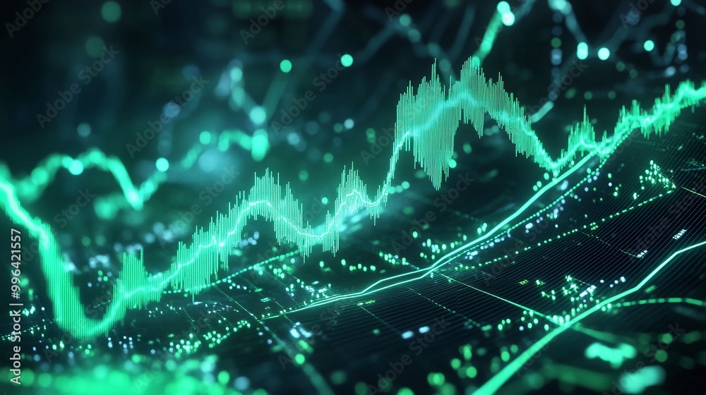 Poster dynamic green financial data visualization with fluctuating lines and data points, representing stoc