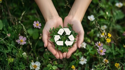 Embracing Sustainability: Hands Holding Recycling Icon in Nature