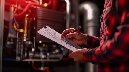 Worker checking equipment with clipboard in industrial setting, focused on tasks.