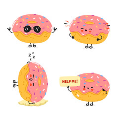 Funny Doughnut characters bundle set. Vector hand drawn doodle style cartoon character illustration icon design. Cute Doughnut mascot character collection