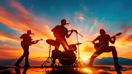 Obraz premium Rock Band Performing at Sunset Silhouette