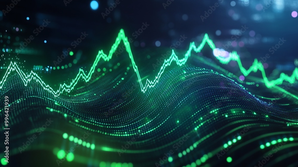 Poster dynamic green wave graph representing data fluctuations on a dark background.