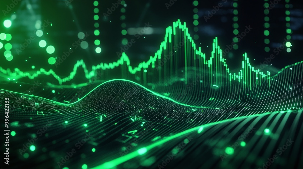 Poster dynamic green waveforms representing digital data and technology, with a modern and abstract design.