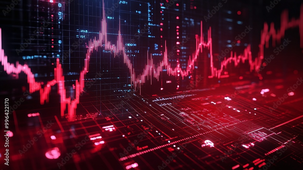 Poster dynamic red and black visual representation of digital data and market trends with abstract graphs a
