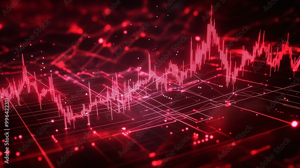 Poster dynamic red data visualization representing fluctuating statistics and analytics with abstract graph