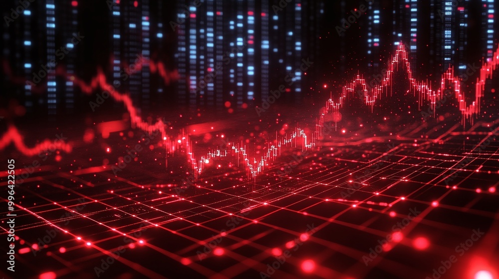 Poster dynamic red data visualization with digital graphs showcasing trends and fluctuations on a dark back