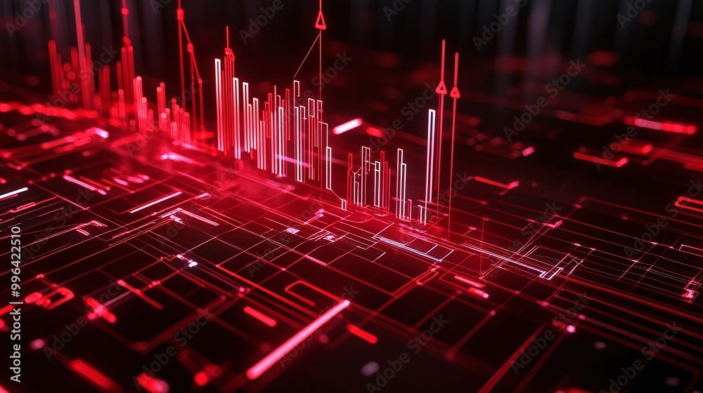 Poster dynamic red data visualization with abstract graphs and circuit patterns, ideal for tech-themed proj