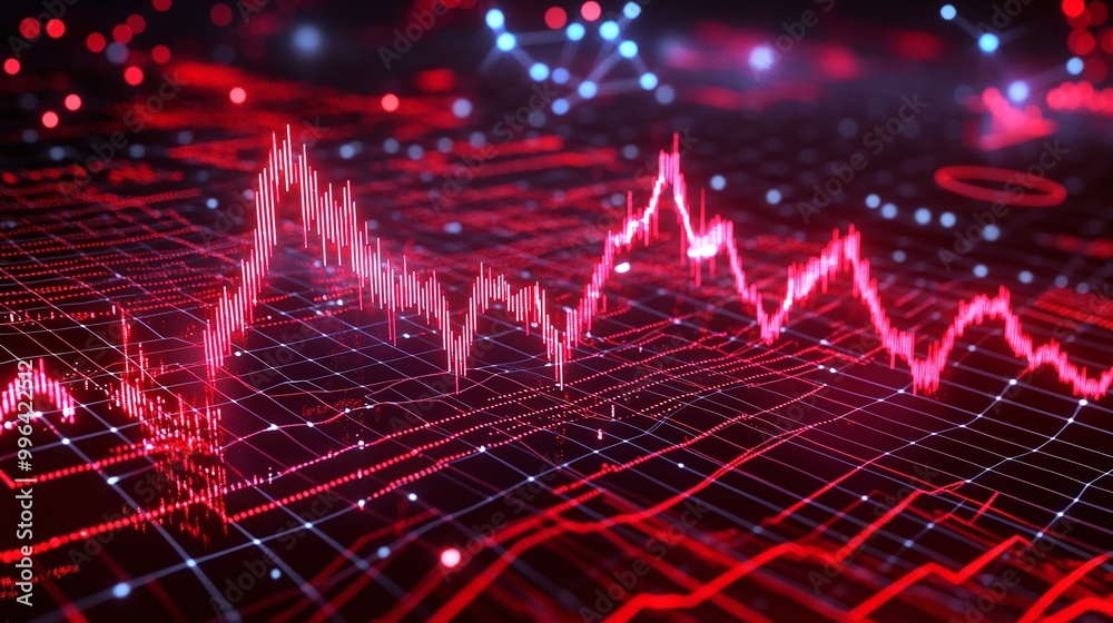 Poster dynamic red data visualization depicting intricate graphs and trends on a digital interface.