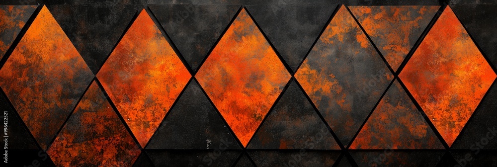 Poster dark orange and black background with triangular patterns, creating an abstract design that resemble