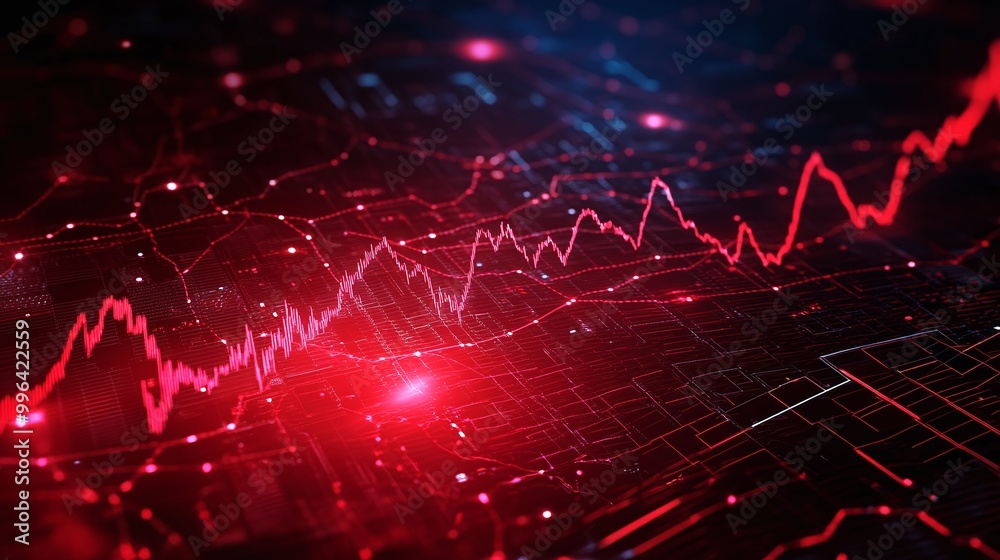 Poster dynamic red data visualization showing fluctuating graphs and networks against a dark background.