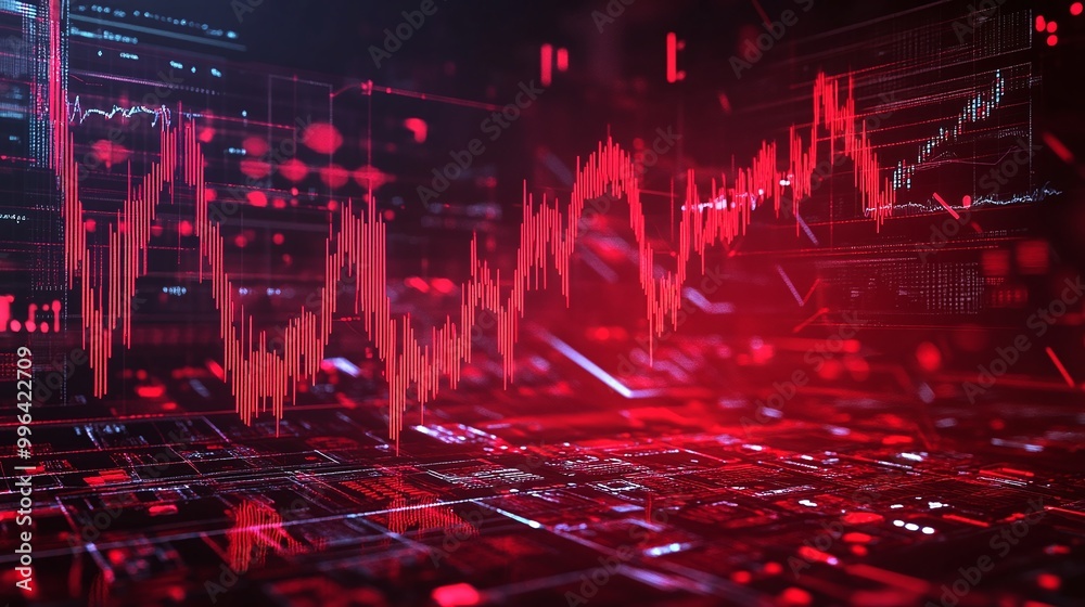 Poster dynamic red data visualization with graphs and abstract digital elements on a dark background.