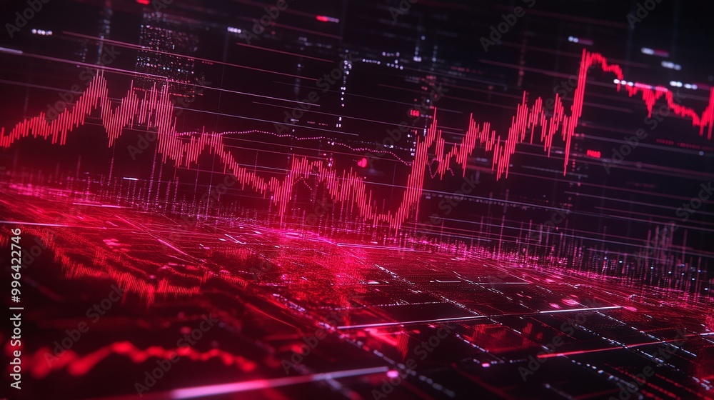 Poster dynamic red data visualization with graphs and lines depicting trends and fluctuations in a digital 