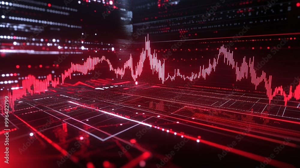 Poster dynamic red data visualization with graphs and lines representing digital analytics and market trend