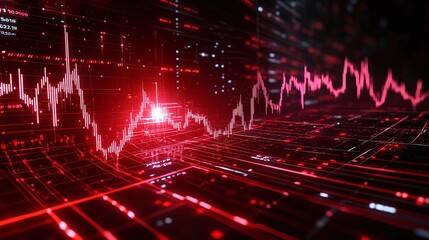 Fototapeta premium Dynamic red data visualization with graphs and lines on a digital background.