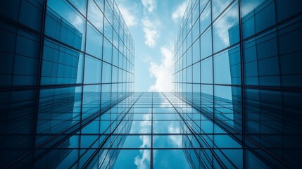 Fototapeta premium Looking up at the glass building from below, with a sky background, in the style of commercial photography