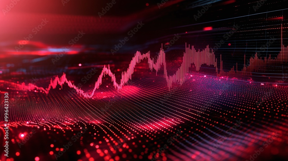 Poster dynamic red digital wave pattern illustrating sound waves and data flow.