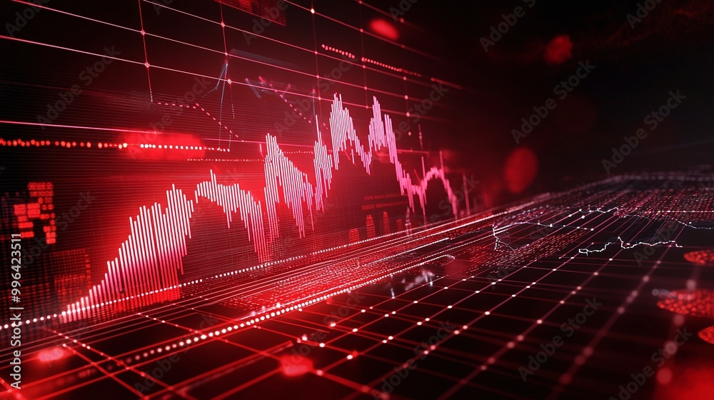 Poster dynamic red stock market graph with fluctuating lines and data visualization on a dark background.