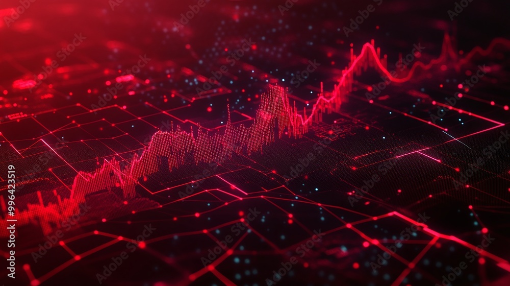 Poster dynamic red visual representation of data analysis with glowing graphs and connections on a dark bac