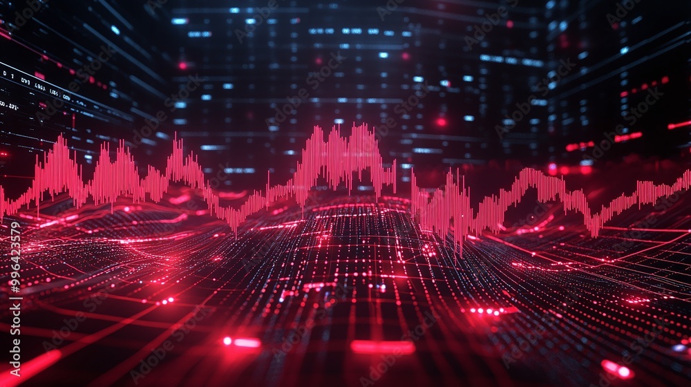 Poster dynamic red waveform displays data visualization on a digital screen with a futuristic background.