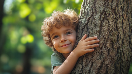 Cute little blond curly European boy hugging a thick tree trunk. Concept of forest and environment protection. 