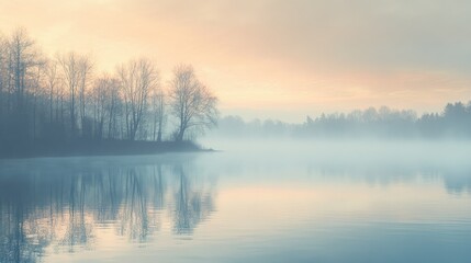 Fototapeta premium A serene lakeside view with fog hovering above the water, reflecting the soft colors of dawn and creating a peaceful atmosphere.