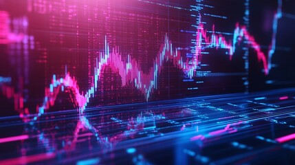 Dynamic stock market data visualization with colorful graphs and digital elements, illustrating market trends.