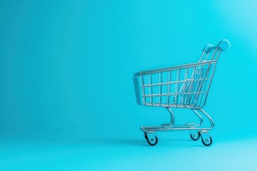 Small shopping cart on a blue background.