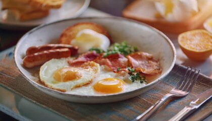 A closeup of eggs, bacon, ham, sausage and toasts. Generated image