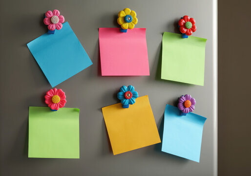 Closeup of colorful blank sticky notes on refrigerator door. - Powered by Adobe