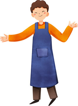 recommend clip art: Smiling man shopkeeper waving hand  greeting customer, hand-drawn watercolor.painting illustration
