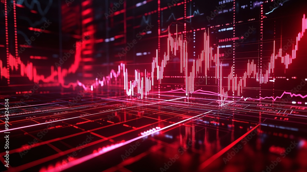 Poster dynamic stock market data visualization with vibrant red indicators and graph lines illustrating fin