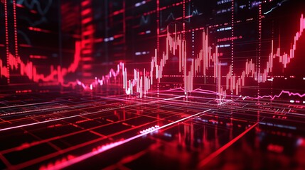 Dynamic stock market data visualization with vibrant red indicators and graph lines illustrating financial trends.