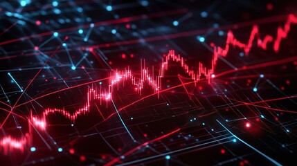 Fototapeta premium Dynamic stock market graph representation with red and blue data points on a dark background.
