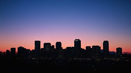 Fototapeta premium A silhouette of the downtown skyline at twilight, with the last light of day fading and city lights beginning to twinkle.