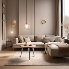 Stylish modern living room showcasing white furniture and a large chandelier, reflecting refined interior design aesthetics. generated ai