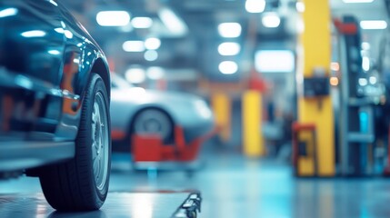 A close-up view of a sleek car in an automotive workshop with tools and equipment illuminated under bright lights during daytime
