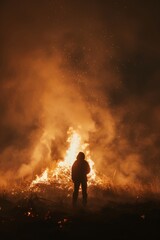 A dark figure watches a large fire illuminating the night