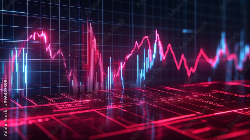 Poster financial data visualization with dynamic graphs representing market trends and analytics.