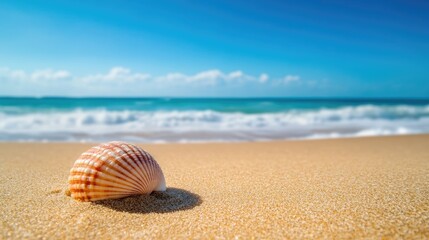 A single seashell resting on golden sand, with gentle waves in the background under a bright blue sky.