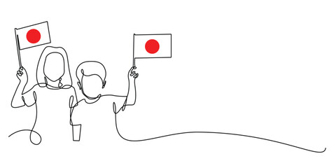 continuous line of boy and girl carrying japanese flag.one line drawing of son and daughter with japanese flag.japanese independence day.single line vector