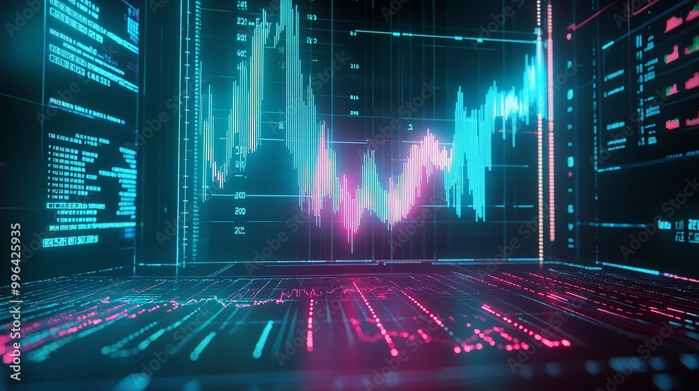 Poster futuristic data analytics interface displaying vibrant charts and graphs against a dark backdrop.