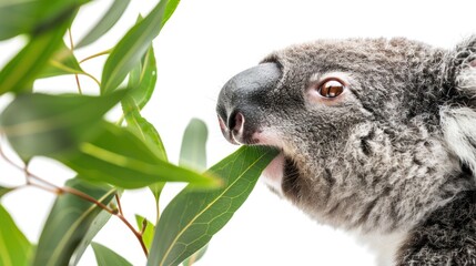 A curious koala bear sniffing a eucalyptus leaf, its nose twitching with interest