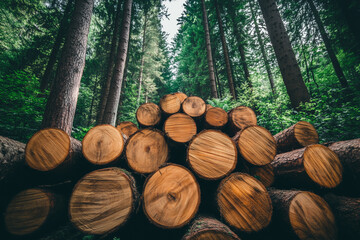 A dense forest of tall pine and spruce trees, with a large pile of freshly cut log trunks neatly stacked, representing the logging timber wood industry. 
