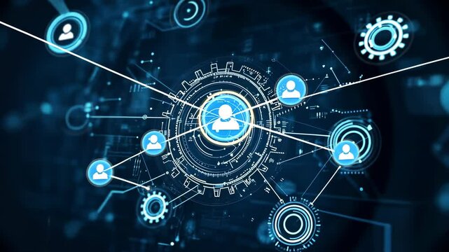 A digital illustration of a network with multiple user icons connected by lines