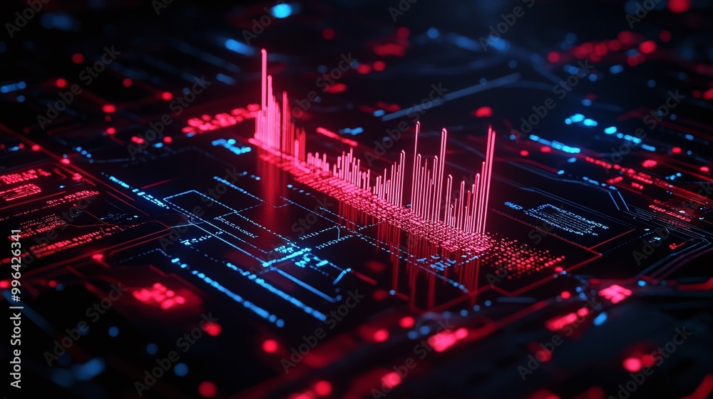 Poster futuristic data visualization with a vibrant pulse graph and circuit design in red and blue tones.