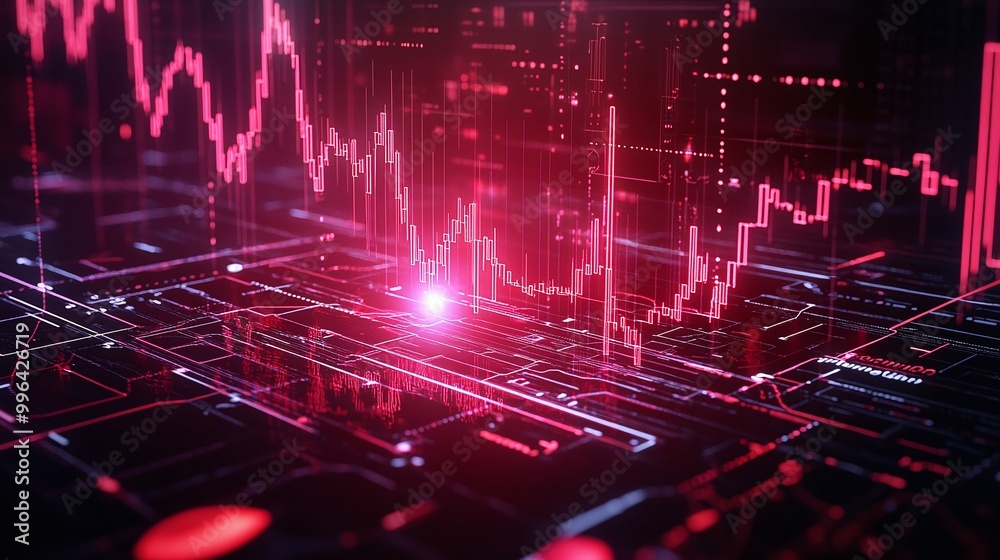 Poster futuristic data visualization with digital graphs and glowing elements in vibrant colors.
