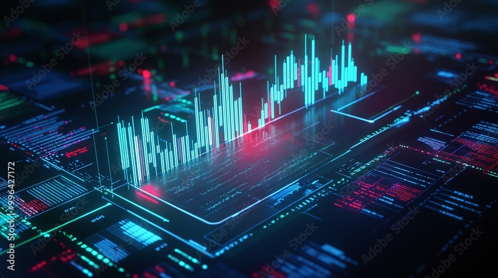 Poster futuristic data visualization with dynamic graphs and digital interface in vibrant colors.