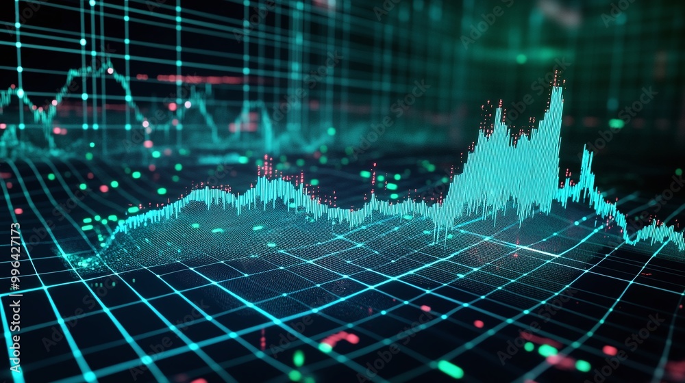 Poster futuristic data visualization with dynamic graphs and charts in teal and green tones on a dark backg