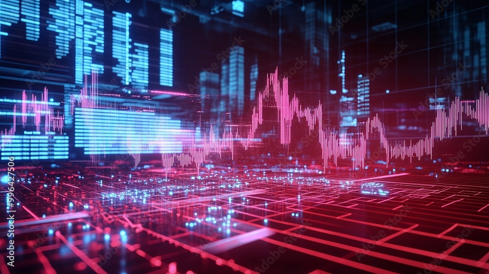 Poster futuristic data visualization with glowing graphs and digital elements, depicting advanced analytics